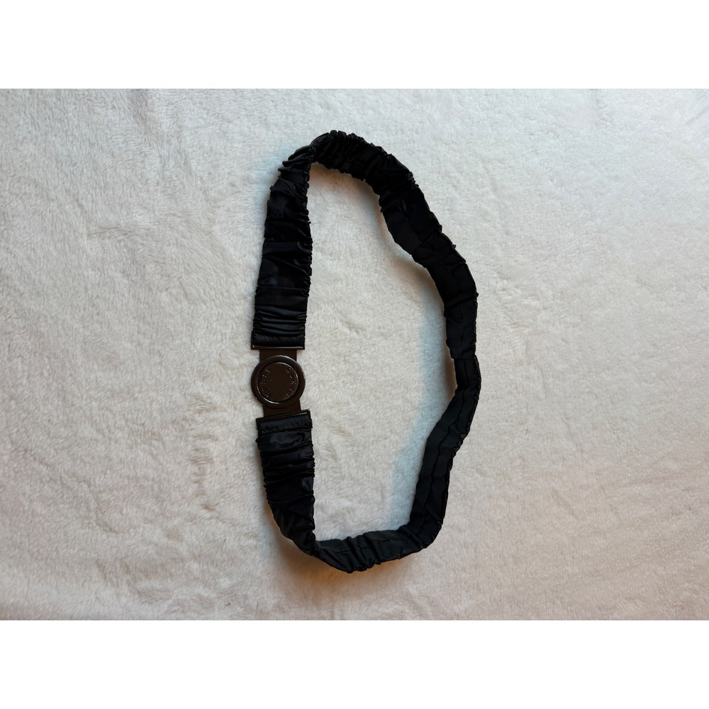 Guess Womens Black Ruched Elastic Stretch Belt Gunmetal Logo Buckle Small Medium